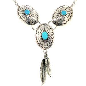 Sterling Silver Native Concho Necklace with 2 Feather Dangle